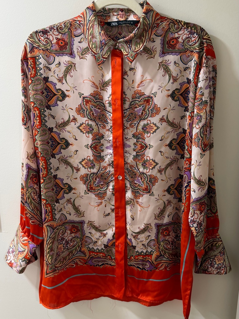 Zara Paisley Satin Button-Up Shirt in Cream and Orange